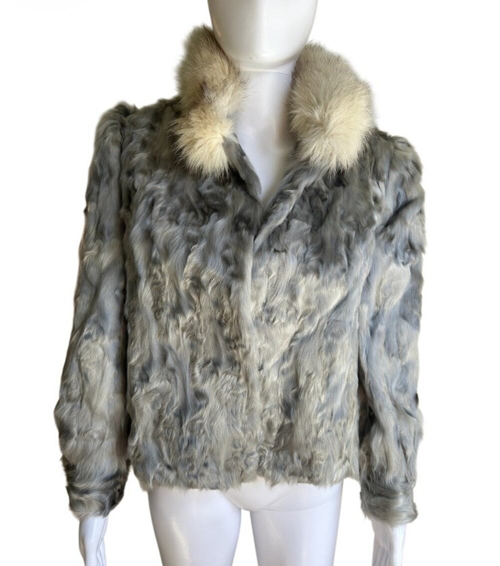 Vintage Gray Dyed Lamb Fur Jacket Women’s M Genuine Fox Fur Collar EUC Norway
